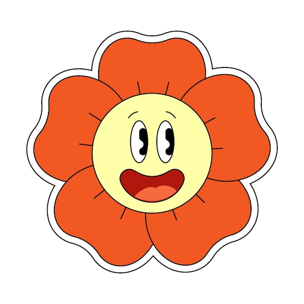 Hippie groovy chamomile smiley character good vibes retro daisy flower head joyful mascot positive