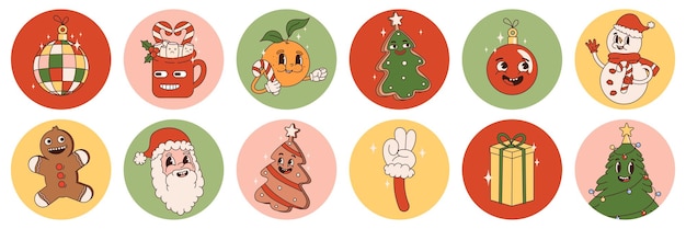 Hippie groovy christmas sticker pack with retro cartoon characters and elements. merry christmas.