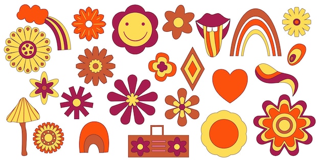 Vector hippie groovy clipart set with flower rainbow lip isolated on white background retro happy flower daisy vector art illustration isolated vector illustration