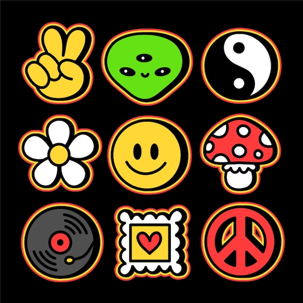 Hippie groovy jaren '60 stijl iconen set. Vector hand getekend trendy cartoon karakter illustratie. Hippie, groovy, 60s, 70s bundelprint voor t-shirt, poster, kaart, sticker set concept