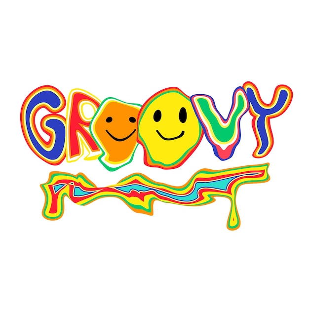 Vettore lettering hippie groovy con sorrisi psichedelici groovy