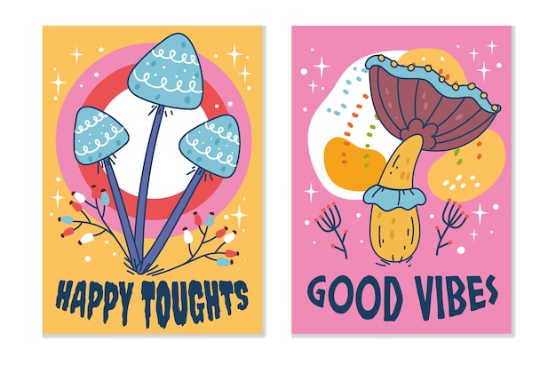 Vector hippie hallucinations psychedelic mushroom template cards concept flat graphic design