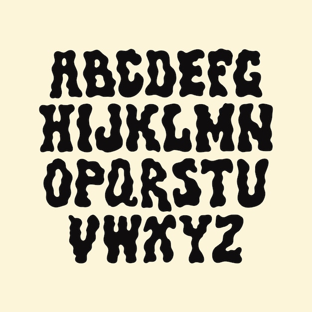 레트로 60년대 70년대 스타일의 히피 손으로 그린 글꼴 트렌디한 사이키델릭 알파벳