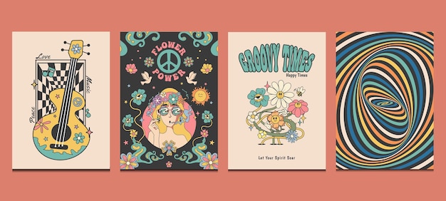 Vector hippie jaren '70 posters retro posters met psychedelische kunst vectorillustratie