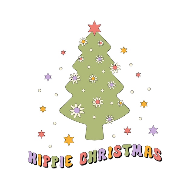 Hippie kerstboom vectorillustratie geïsoleerd op een witte achtergrond. Retro groovy print