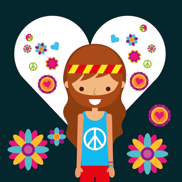 Vector hippie man character in love heart flowers