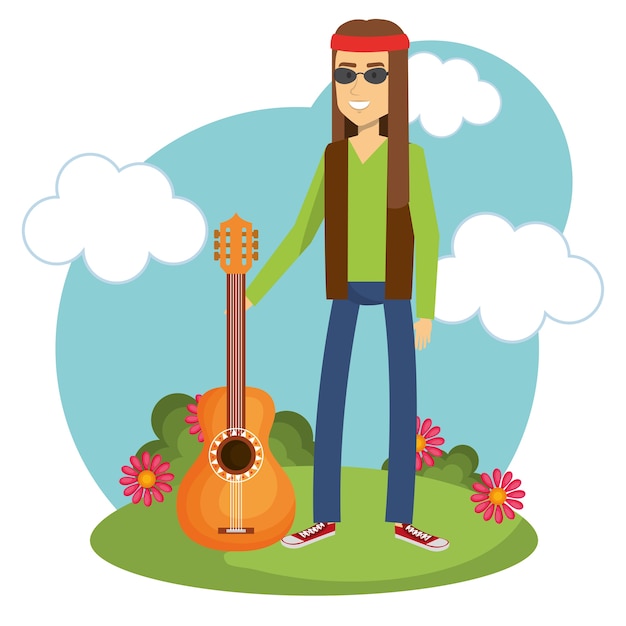 Hippie man with flowers and blue sky 