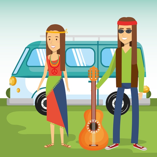 Hippie people guitar and minivan