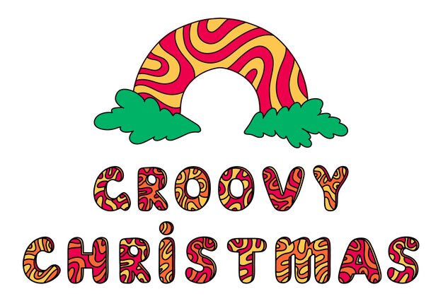 Hippie rainbow with branch of spruce and groovy Christmas lettering in trendy retro cartoon style