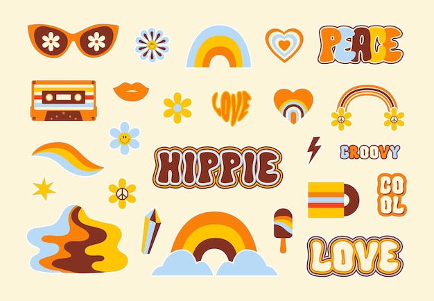 Hippie retro set icons or stickers in style 60s 70s Trendy vector illustration