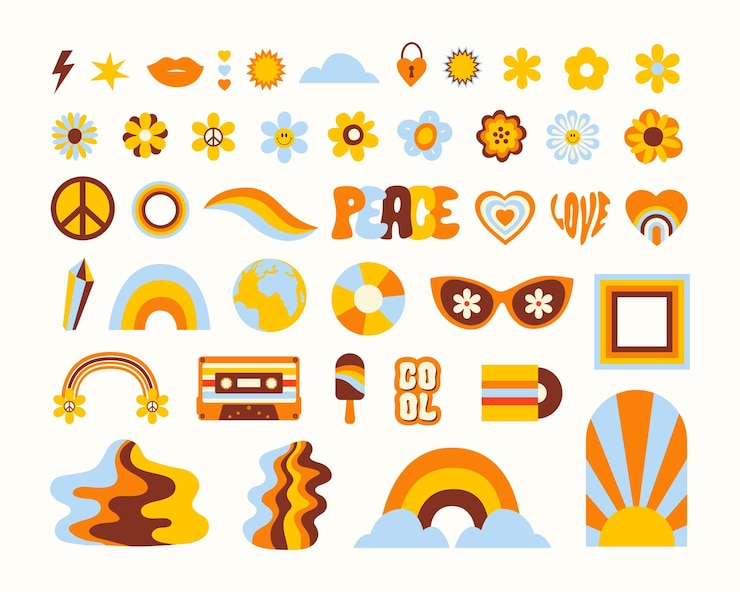 Vector hippie retro set pictogrammen in stijl 60s 70s trendy vectorillustratie