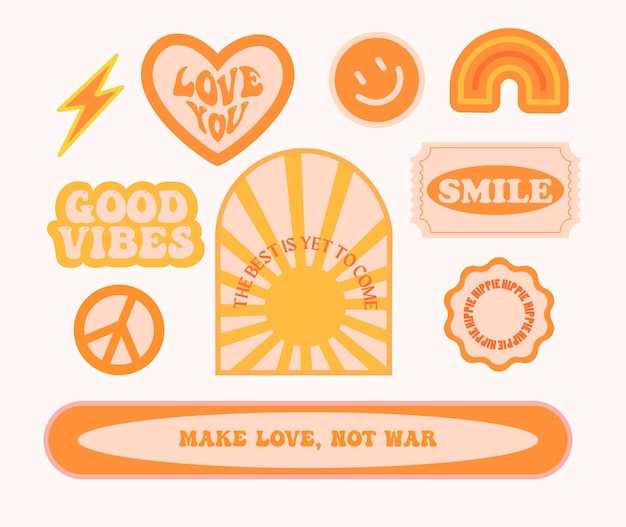 Hippie retro vintage stickers in 70s style flat vector illustration