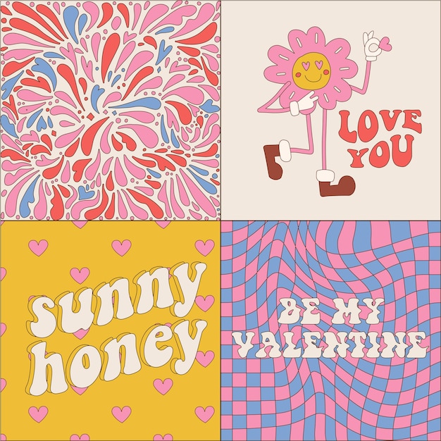 Hippie retro vintage valentine s day cards collection in groovy ss style with daisy mascot chekered