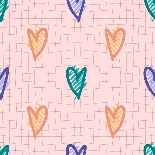 Hippie seamless pattern with grunge textured hearts on trippy grid background Groovy print for fabric paper Tshirt Doodle vector illustration for decor and design