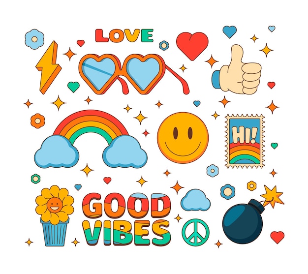 Premium Vector | Hippie stickers colorful psychedelic abstract shapes ...