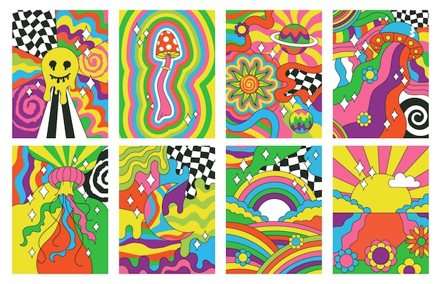 Hippie style, groovy vibes retro psychedelic art posters. Abstract rainbow, sun, flowers hipster vector illustration set. Psychedelic groovy retro. Design psychedelic vintage poster, hippie retro art