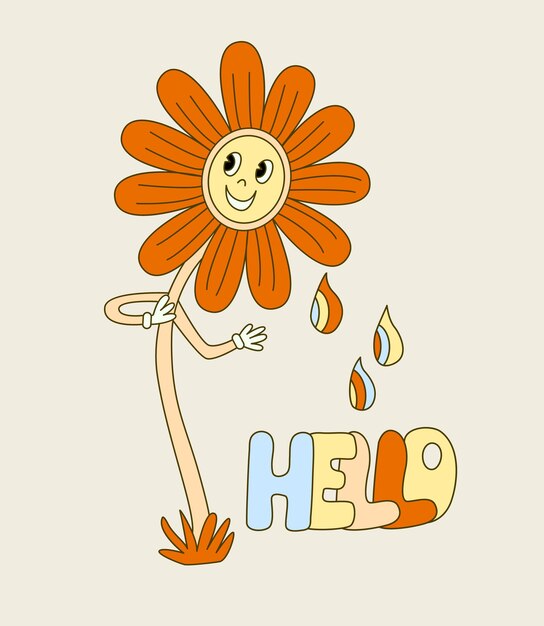 Hippie vibe poster with smiling daisy flower Retro 70s vector illustration Groovy cartoon style Hello hand draw lettering