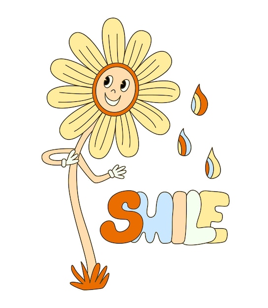 Poster dall'atmosfera hippie con fiore a margherita sorridente illustrazione vettoriale degli anni '70 retrò stile cartone animato groovy lettere disegnate a mano con sorriso