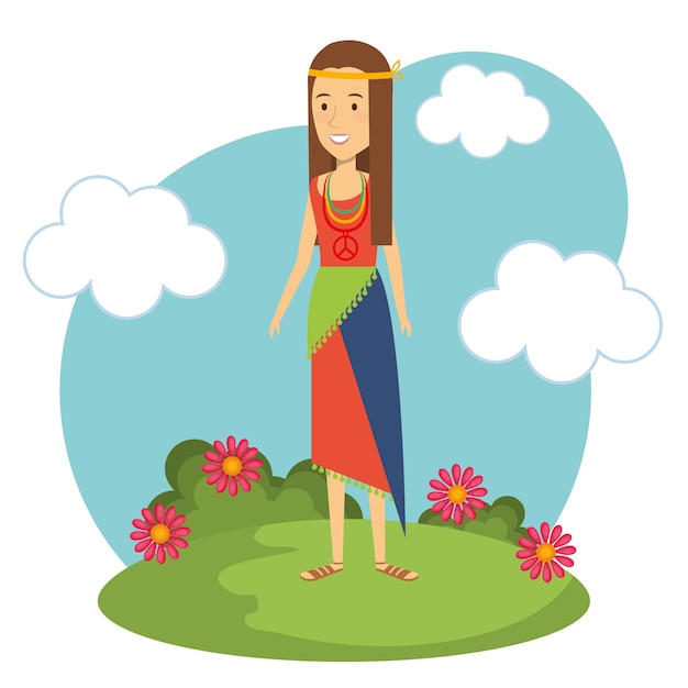 Hippie woman with flowers and blue sky 