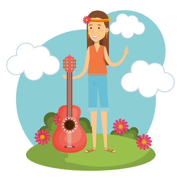 Hippie woman with flowers guitar and blue sky