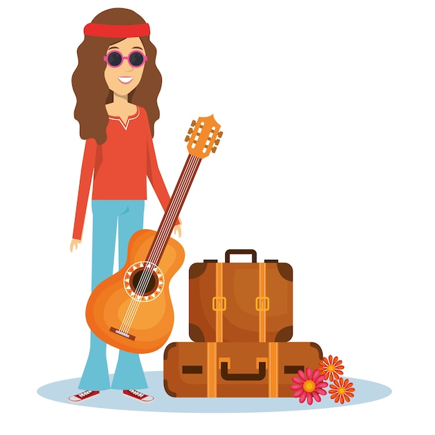 Женщина-хиппи с чемоданами и цветами на гитаре