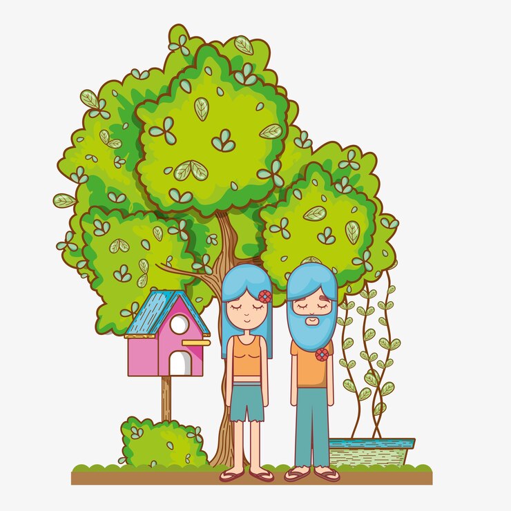 Vector hippies couple at garden