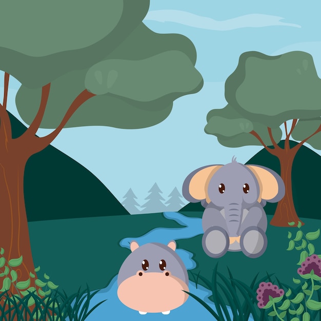 Hippo and baby elephant at forest cute animal cartoons