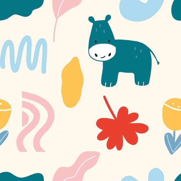 Hippo, bloem, blad en vrije vorm doodle objecten op witte achtergrond naadloze patroon moderne abstract