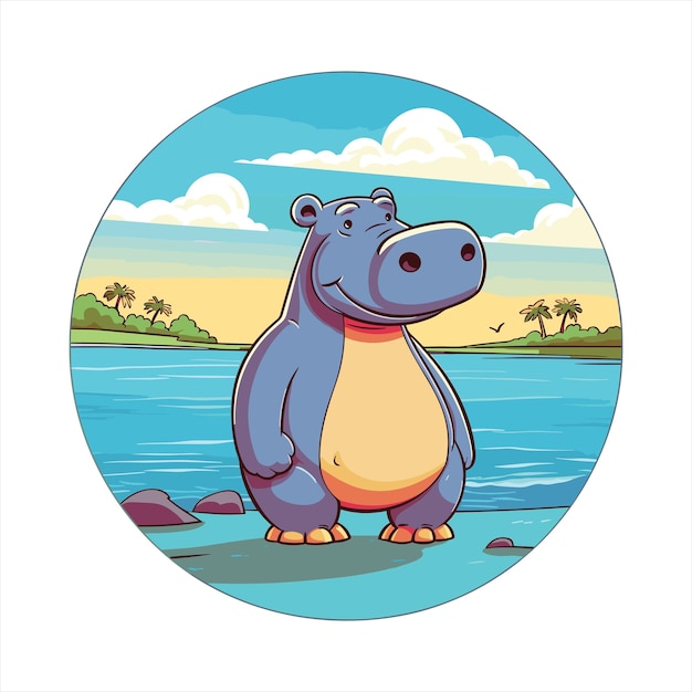 Hippo Cute Funny Cartoon Kawaii Colorful Watercolor Beach Summer Animal Pet Sticker Illustration