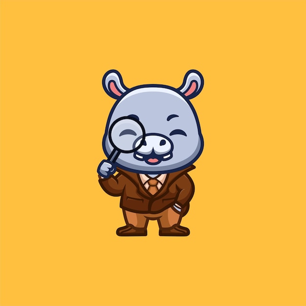 Hippo detective cute creative kawaii cartoon mascot logo