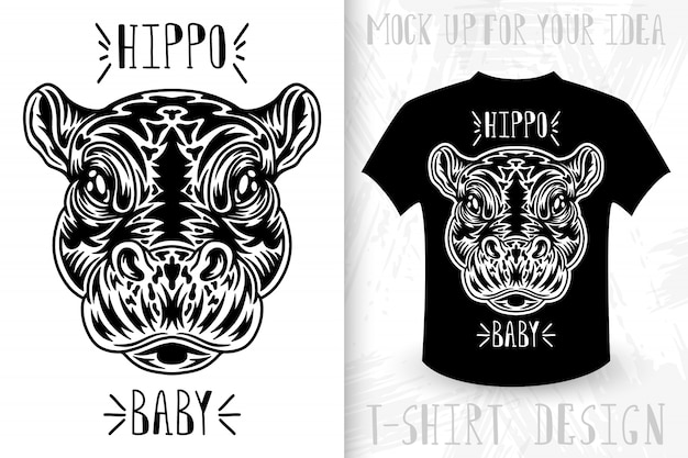 Vector hippo face.  t-shirt print in vintage monochrome style.