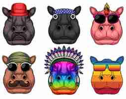 Vector hippo fashion set collection