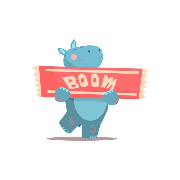 Hippo Holding Boom Sign Grappige kinderachtige kleurrijke platte vectorillustratie op witte achtergrond