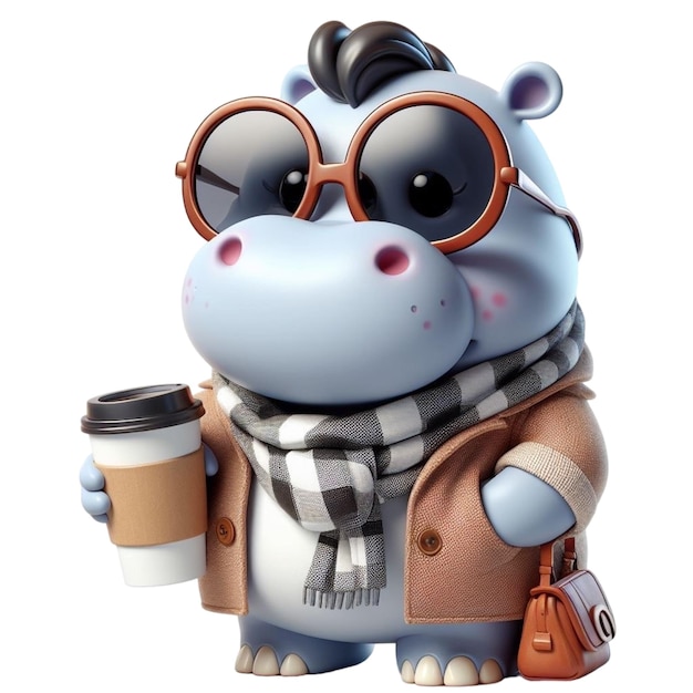 Vector hippo holding a coffee cup 3d render illustration