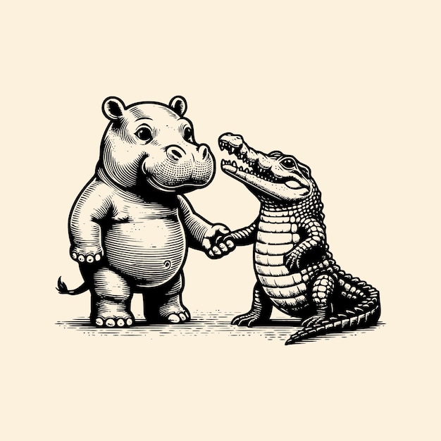 a hippo shaking hands with a crocodile