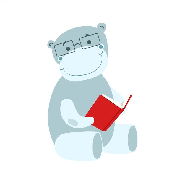 Vector hippo smiling bookworm zoo character wearing glasses and reading a book cartoon illustration part of animals in library collection