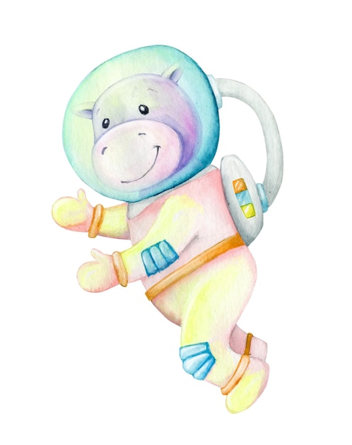 Hippo in a space suit Watercolor concept on an isolated background Hippo astronaut