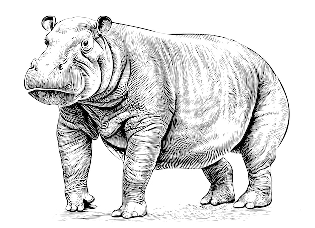 Vector hippo standing hand drawn engraving style sketch vector illustration