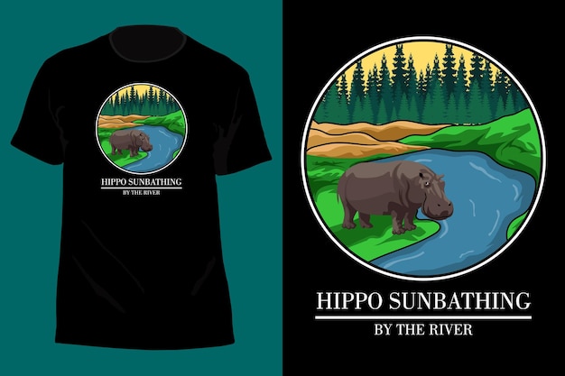 Hippo Sunbathing By The River T Shirt Design Retro Vintage