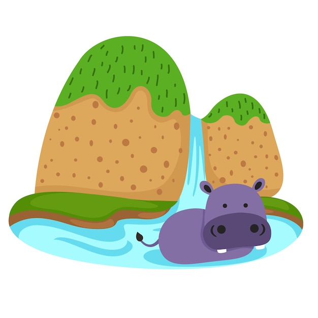 Hippo in waterfall scene illustration