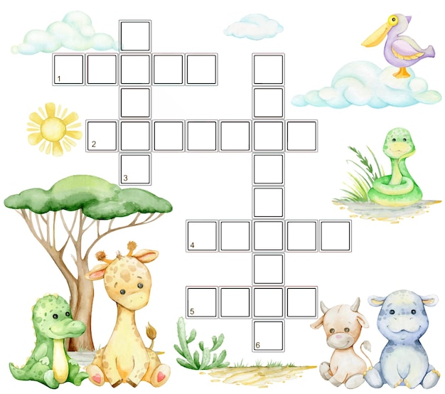 Vector hippopotamus alligator snake bull sun cactus pelican giraffe sloth crossword puzzle for kids