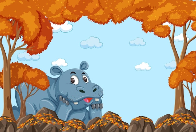 Hippopotamus cartoon character in blank autumn forest scene