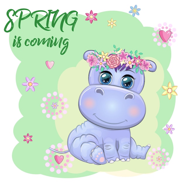 Hippopotamus cartoon character wild animal wearing a wreath spring is coming Character with bright eyes