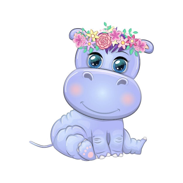 Vector hippopotamus cartoon personage wild dier dat een krans draagt de lente komt personage met heldere ogen