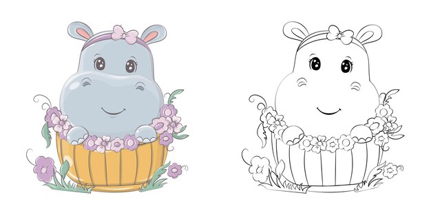 Clipart di ippopotamo per colorare e illustrazione multicolore. adorabile ippopotamo in un cestino.