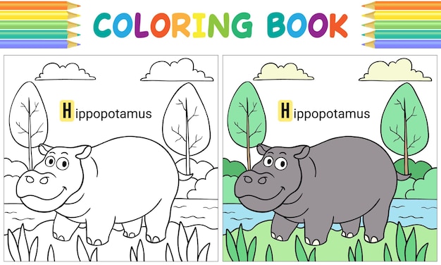 Vettore ippopotamo libro da colorare per bambini animale da disegno a mano