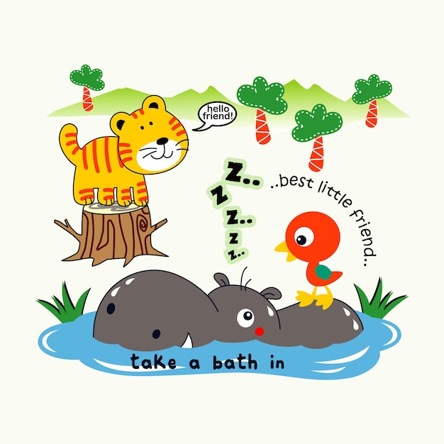 Hippopotamus is bathing in the lake design cartoon vector illustration