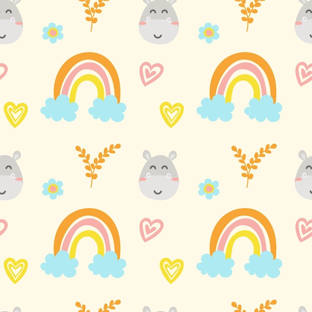 Hippopotamus and rainbow cute seamless pattern design