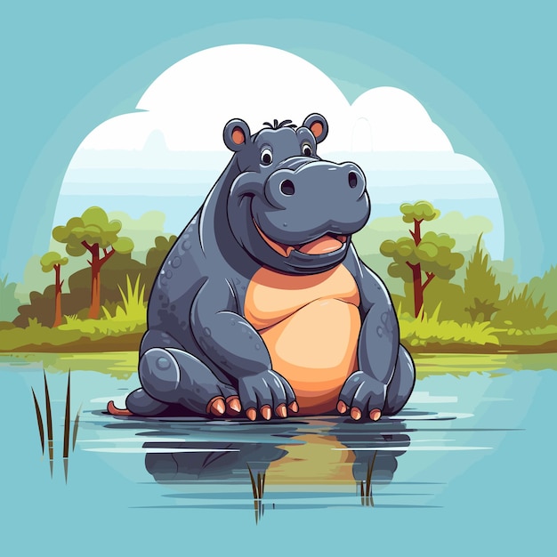 Vector hippopotamus sitting on the edge of pond with trees in the background