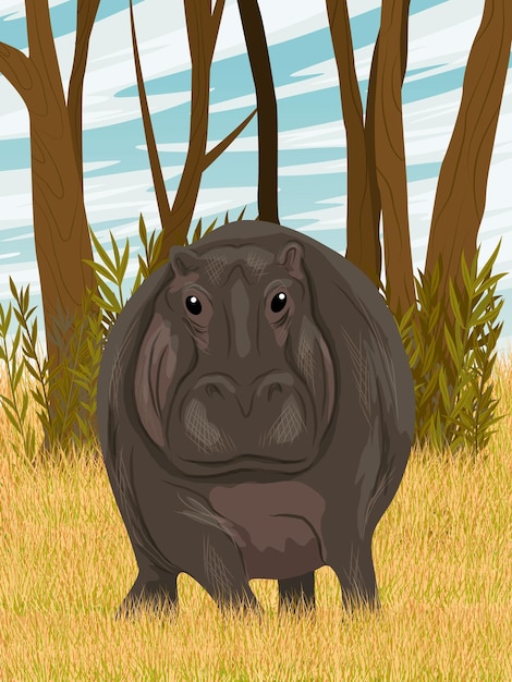 Vector hippopotamus stands in dry grass against the backdrop of the african forest realistic vector vertic